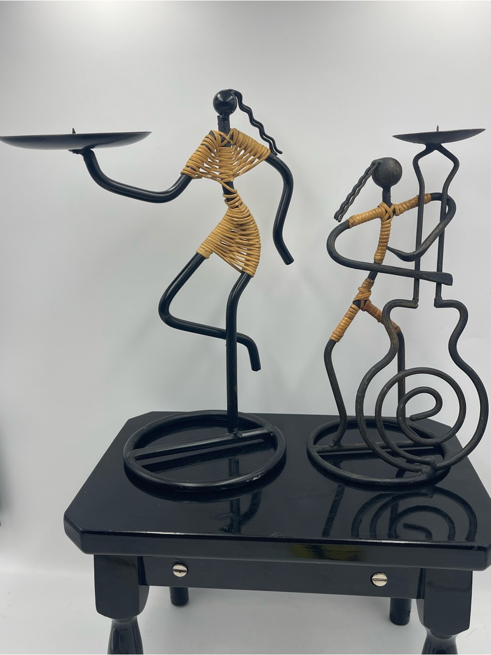 Vintage Black Wrought Iron & Woven Rattan
Dancer Musician Figural Candle Holders